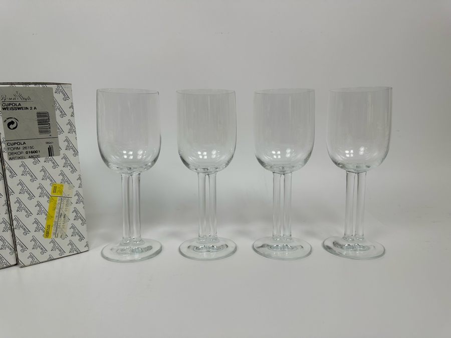 Four Rosenthal Studio-Line Cupola Crystal White Wine Double Stem Stemware Glasses 7 1/4H With Original Box Replacements Value $360 [Photo 2]