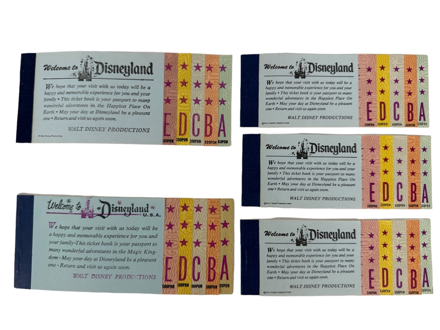 Five Unused Vintage Disneyland Tickets Books Courtesy Guest Admission Tickets