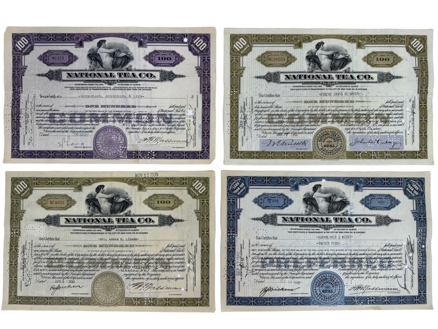 Four Vintage National Tea Co Stock Certificates [Photo 1]