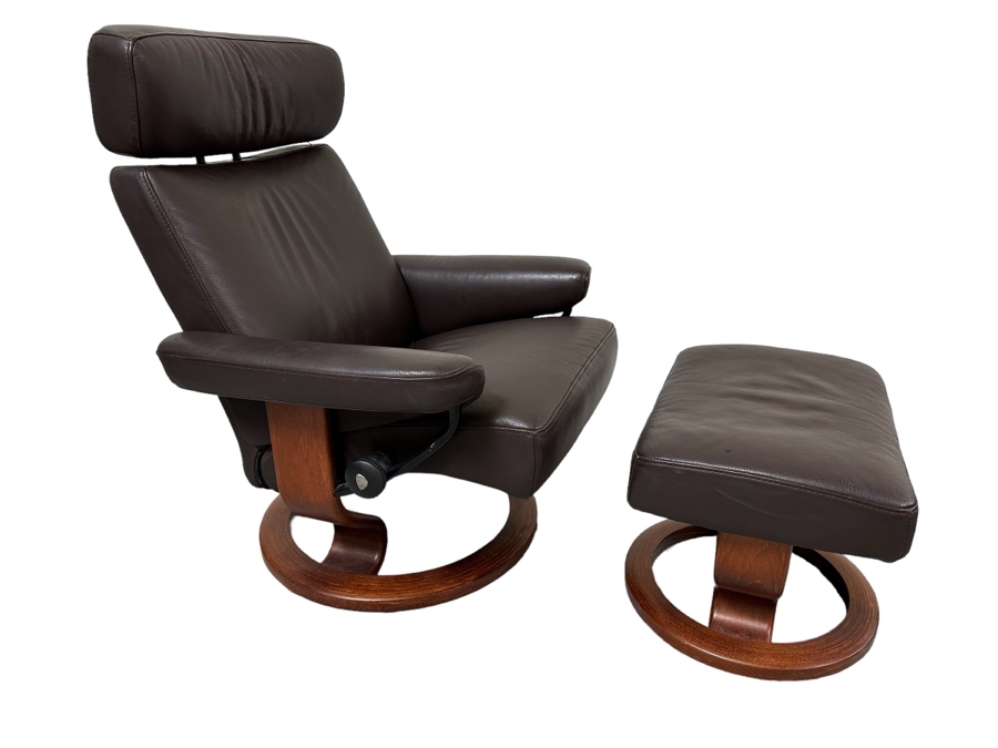 Stressless Leather Reclining Armchair With Ottoman By Ekornes Made In Norway (Side Table Accessory Has Been Removed So Chair Needs A Replacement Screw In One Of The Arms)
