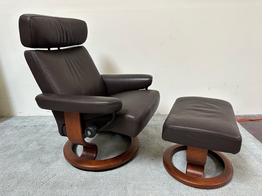 Stressless Leather Reclining Armchair With Ottoman By Ekornes Made In Norway (Side Table Accessory Has Been Removed So Chair Needs A Replacement Screw In One Of The Arms) [Photo 3]
