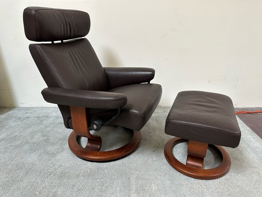 Stressless Leather Reclining Armchair With Ottoman By Ekornes Made In Norway (Side Table Accessory Has Been Removed So Chair Needs A Replacement Screw In One Of The Arms) [Photo 2]