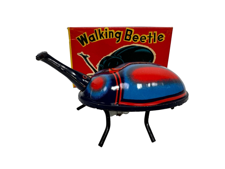 New Old Stock Metal Wind-Up Toy Walking Beetle With Original Box Made In Japan