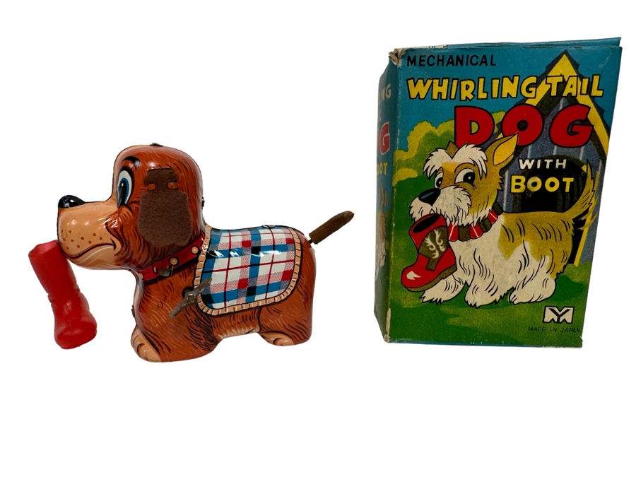 New Old Stock Mechanical Whirling Tail Dog With Boot Wind-Up Toy With Original Box Made In Japan
