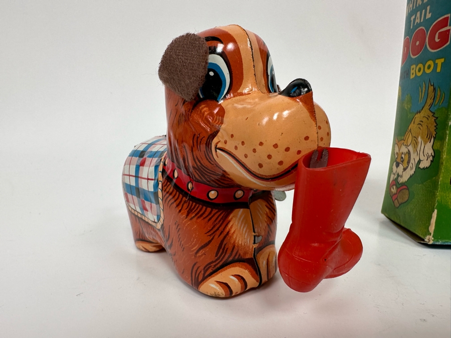 New Old Stock Mechanical Whirling Tail Dog With Boot Wind-Up Toy With Original Box Made In Japan [Photo 5]