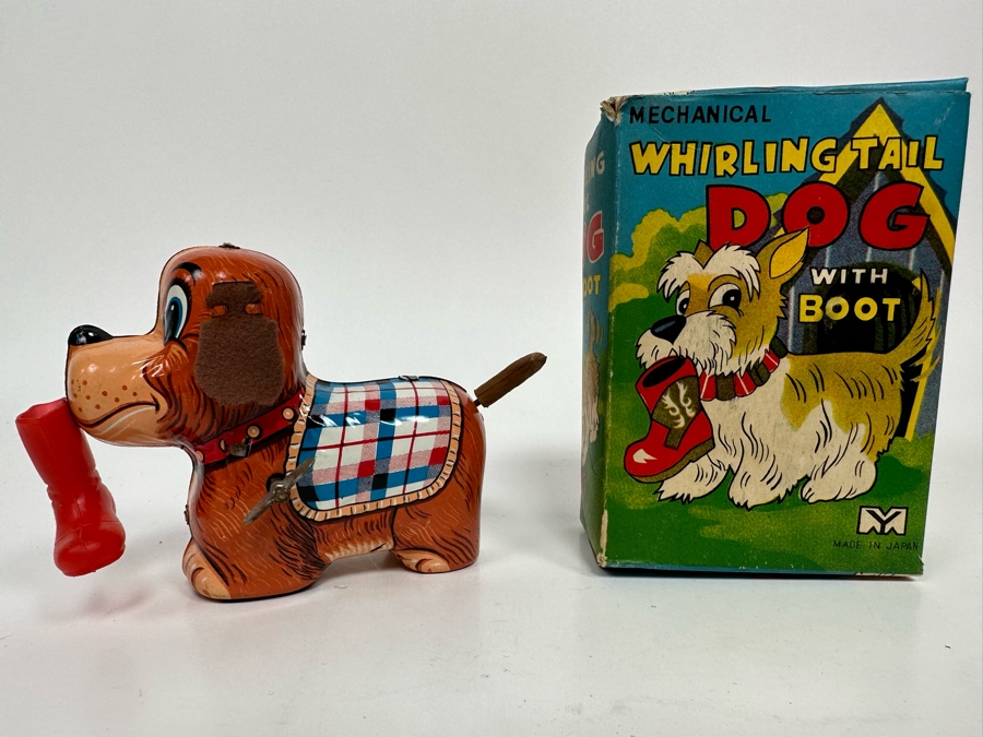 New Old Stock Mechanical Whirling Tail Dog With Boot Wind-Up Toy With Original Box Made In Japan [Photo 3]
