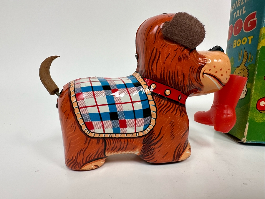 New Old Stock Mechanical Whirling Tail Dog With Boot Wind-Up Toy With Original Box Made In Japan [Photo 6]