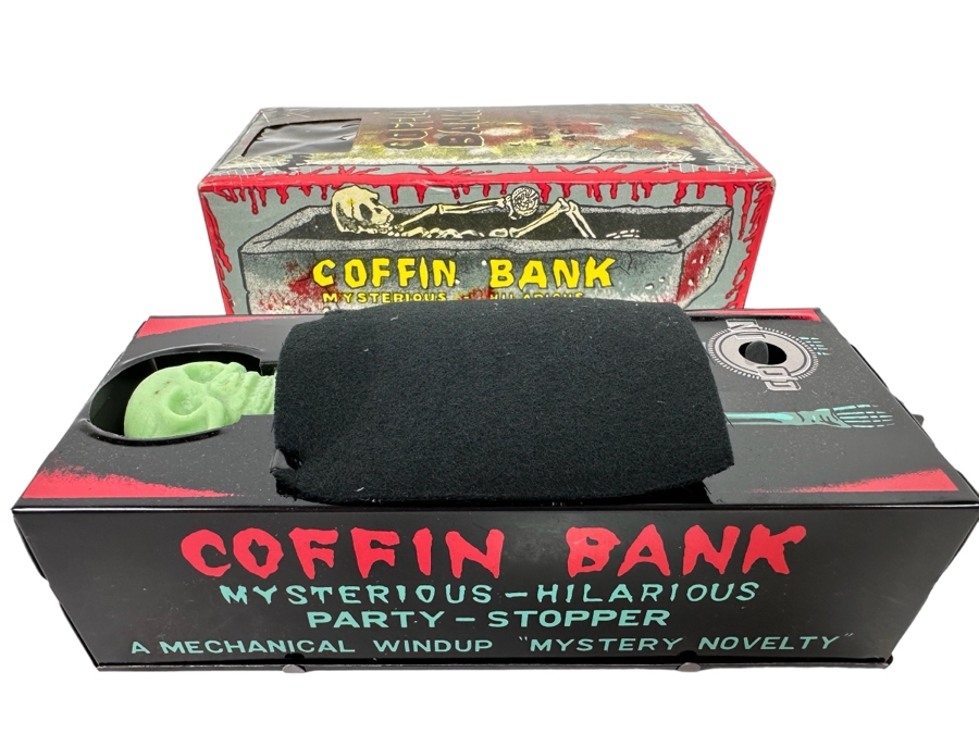 New Old Stock Wind-Up Metal Coffin Bank With Original Box (Skeleton Arm Comes Out To Grab Coin) Made In Japan
