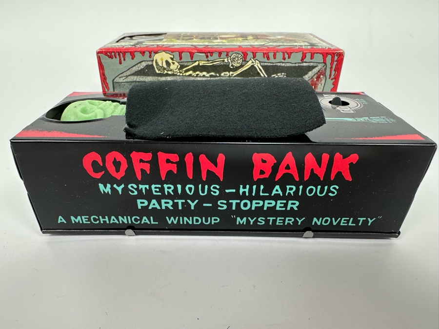 New Old Stock Wind-Up Metal Coffin Bank With Original Box (Skeleton Arm Comes Out To Grab Coin) Made In Japan [Photo 4]
