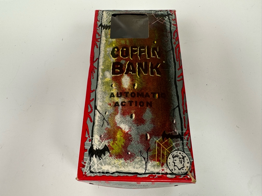 New Old Stock Wind-Up Metal Coffin Bank With Original Box (Skeleton Arm Comes Out To Grab Coin) Made In Japan [Photo 9]