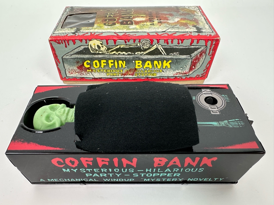 New Old Stock Wind-Up Metal Coffin Bank With Original Box (Skeleton Arm Comes Out To Grab Coin) Made In Japan [Photo 3]