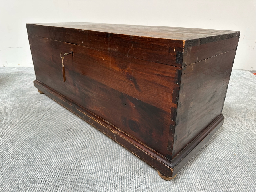 Antique Spanish Handmade Wooden Footed Tool Chest With Sounding Bell Lock Comes With Skeleton Key 43.5W X 17D X 19H [Photo 13]