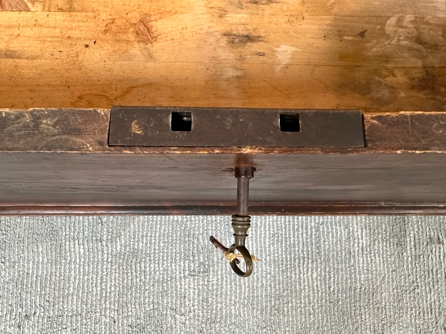 Antique Spanish Handmade Wooden Footed Tool Chest With Sounding Bell Lock Comes With Skeleton Key 43.5W X 17D X 19H [Photo 8]