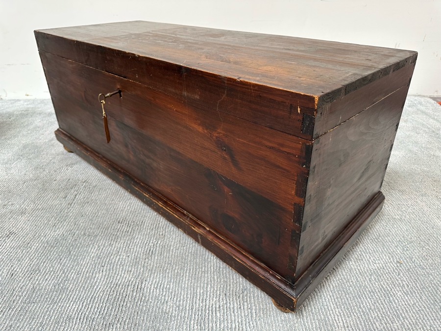 Antique Spanish Handmade Wooden Footed Tool Chest With Sounding Bell Lock Comes With Skeleton Key 43.5W X 17D X 19H [Photo 14]