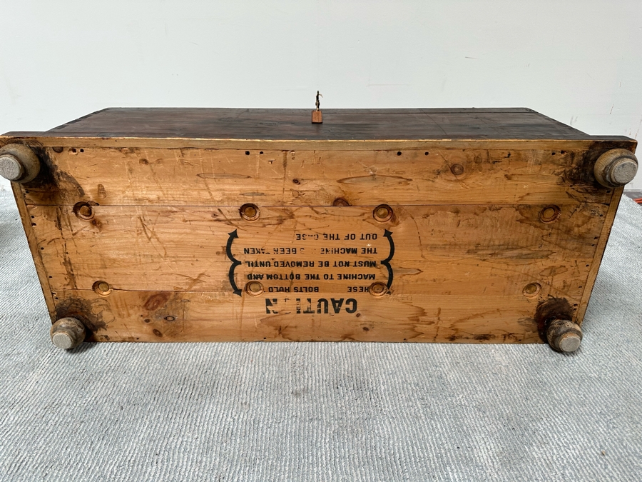 Antique Spanish Handmade Wooden Footed Tool Chest With Sounding Bell Lock Comes With Skeleton Key 43.5W X 17D X 19H [Photo 16]