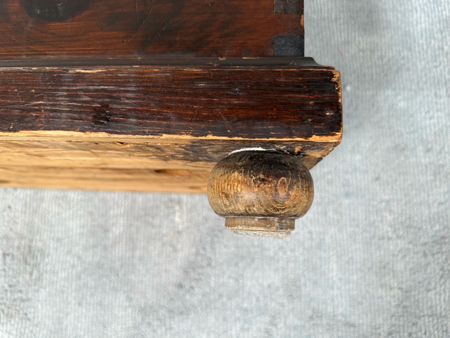 Antique Spanish Handmade Wooden Footed Tool Chest With Sounding Bell Lock Comes With Skeleton Key 43.5W X 17D X 19H [Photo 18]