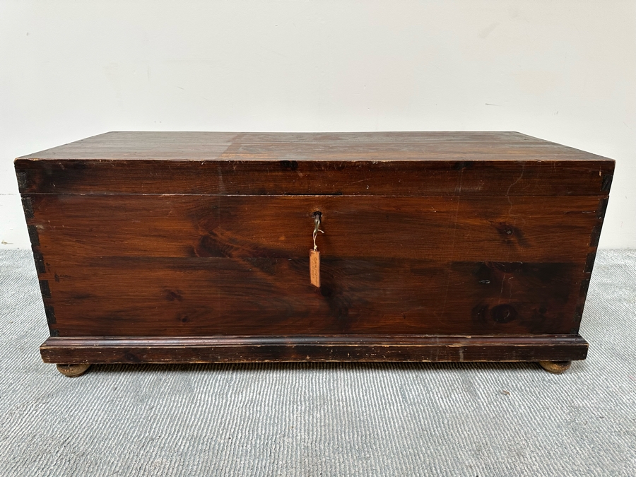 Antique Spanish Handmade Wooden Footed Tool Chest With Sounding Bell Lock Comes With Skeleton Key 43.5W X 17D X 19H [Photo 3]