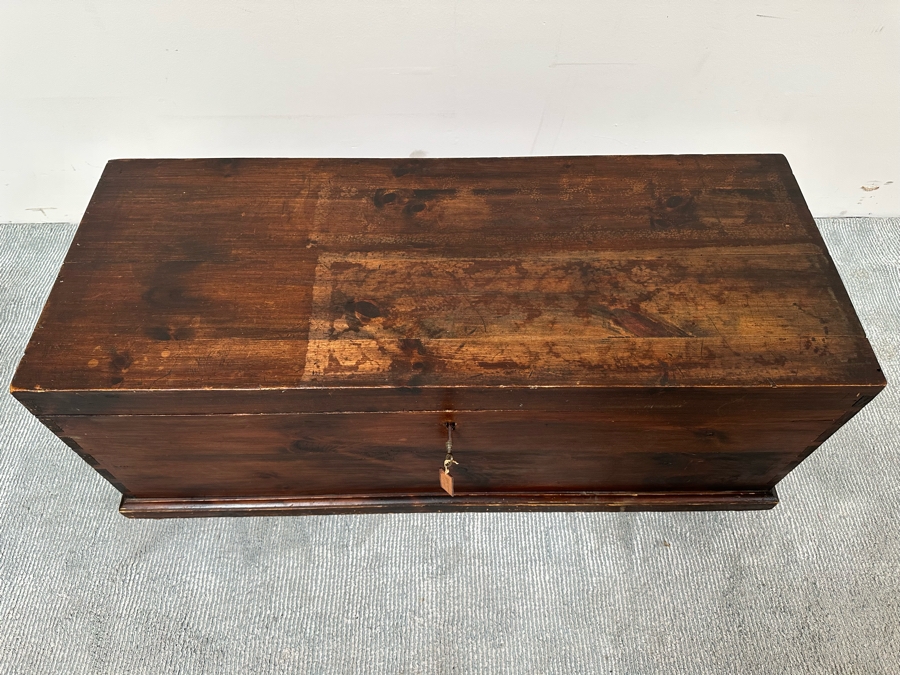 Antique Spanish Handmade Wooden Footed Tool Chest With Sounding Bell Lock Comes With Skeleton Key 43.5W X 17D X 19H [Photo 4]