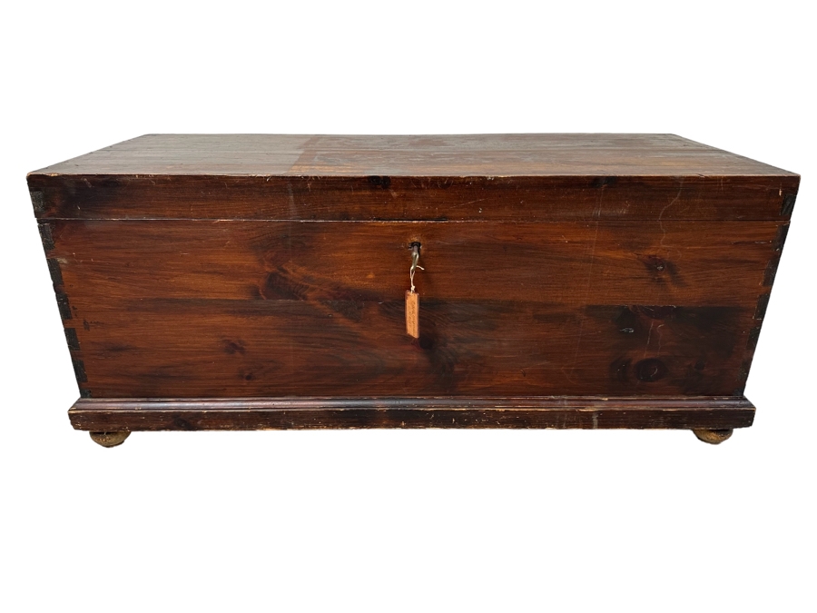 Antique Spanish Handmade Wooden Footed Tool Chest With Sounding Bell Lock Comes With Skeleton Key 43.5W X 17D X 19H
