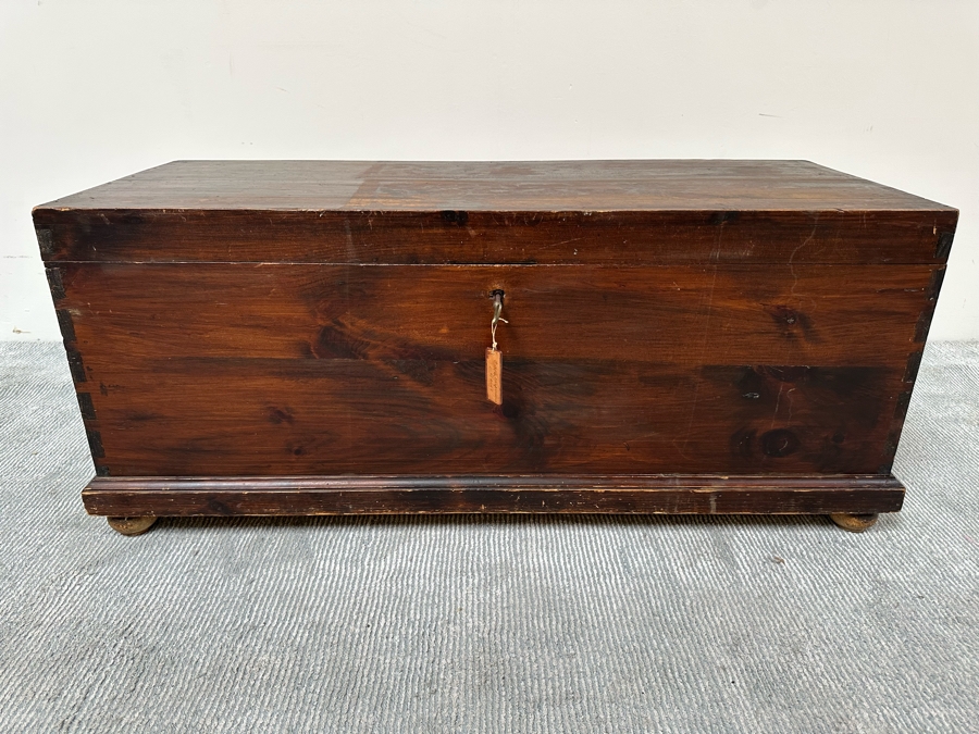 Antique Spanish Handmade Wooden Footed Tool Chest With Sounding Bell Lock Comes With Skeleton Key 43.5W X 17D X 19H [Photo 2]