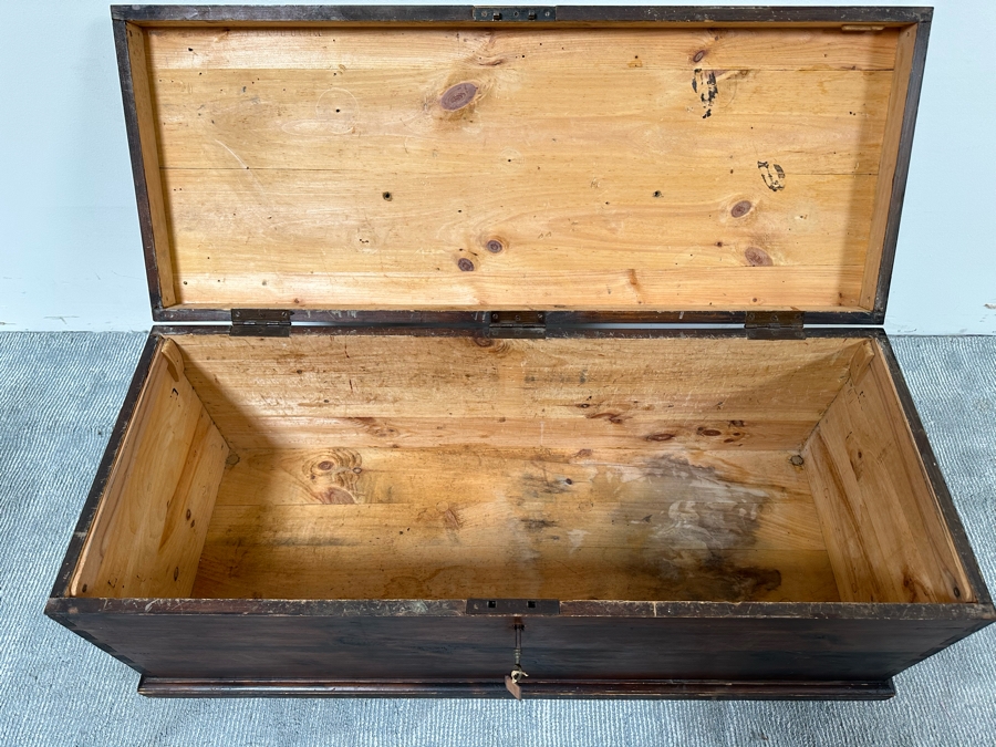 Antique Spanish Handmade Wooden Footed Tool Chest With Sounding Bell Lock Comes With Skeleton Key 43.5W X 17D X 19H [Photo 9]