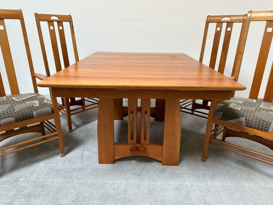 Amish Solid Cherry Wood Dining Table 60 X 42 X 29.5 With Two Built In 12' Leaves And Four Dining Chairs (2 Are Armchairs) Comes Up Table Pads By Canal Dover Furniture Midvale Ohio [Photo 29]