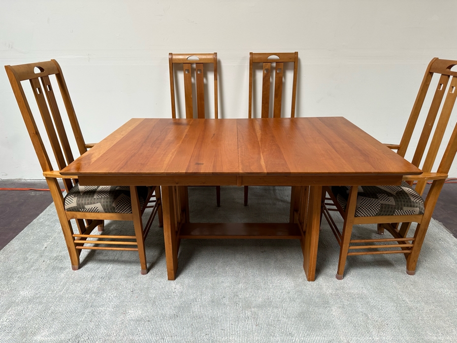 Amish Solid Cherry Wood Dining Table 60 X 42 X 29.5 With Two Built In 12' Leaves And Four Dining Chairs (2 Are Armchairs) Comes Up Table Pads By Canal Dover Furniture Midvale Ohio [Photo 5]