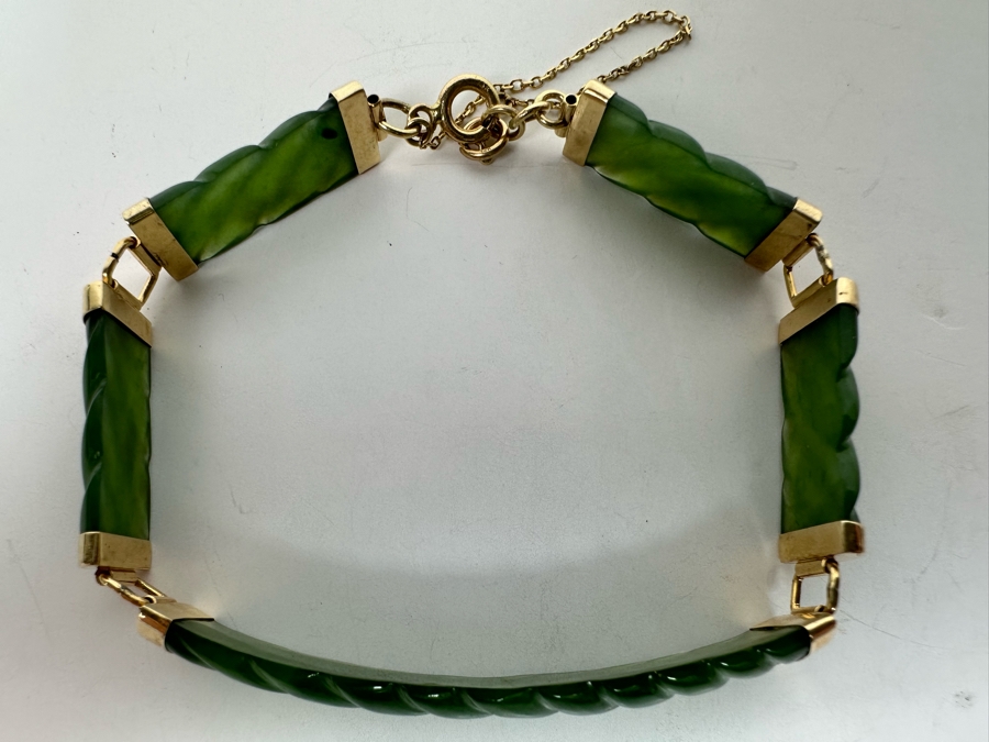 14K Gold Carved Jade Bracelet 7L 11.1g [Photo 4]