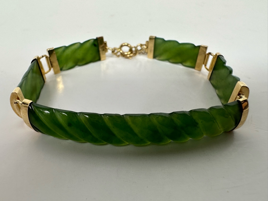 14K Gold Carved Jade Bracelet 7L 11.1g [Photo 3]
