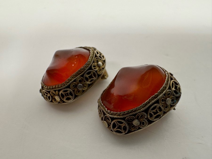 Vintage Chinese Silver Filigree Carnelian Clip-On Earrings 7.7g [Photo 3]