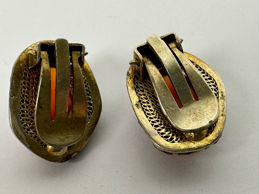 Vintage Chinese Silver Filigree Carnelian Clip-On Earrings 7.7g [Photo 7]