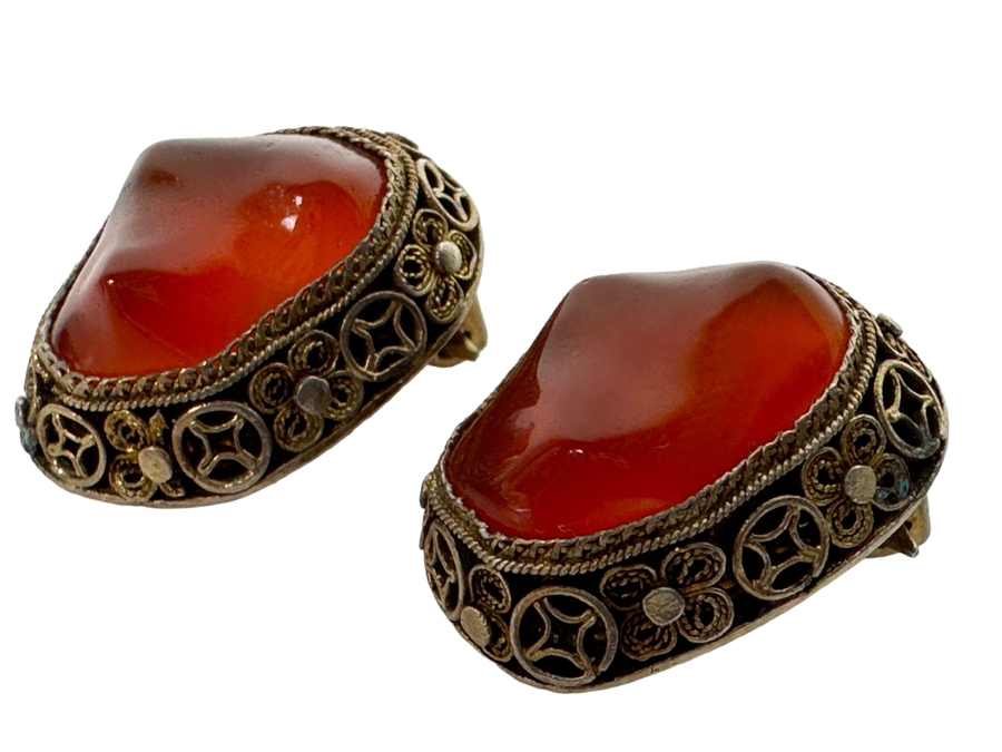 Vintage Chinese Silver Filigree Carnelian Clip-On Earrings 7.7g [Photo 1]