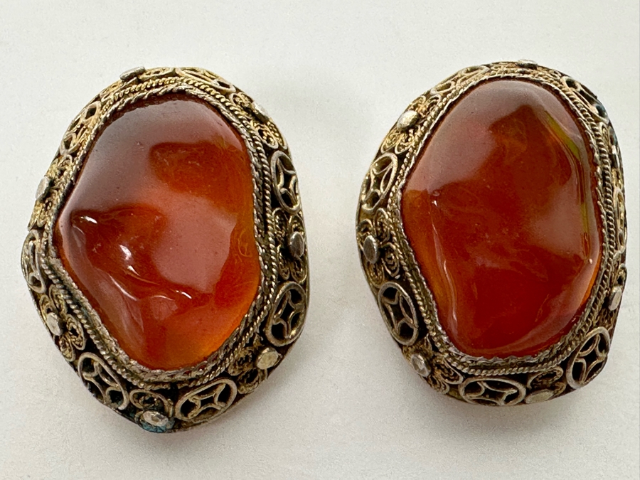 Vintage Chinese Silver Filigree Carnelian Clip-On Earrings 7.7g [Photo 5]