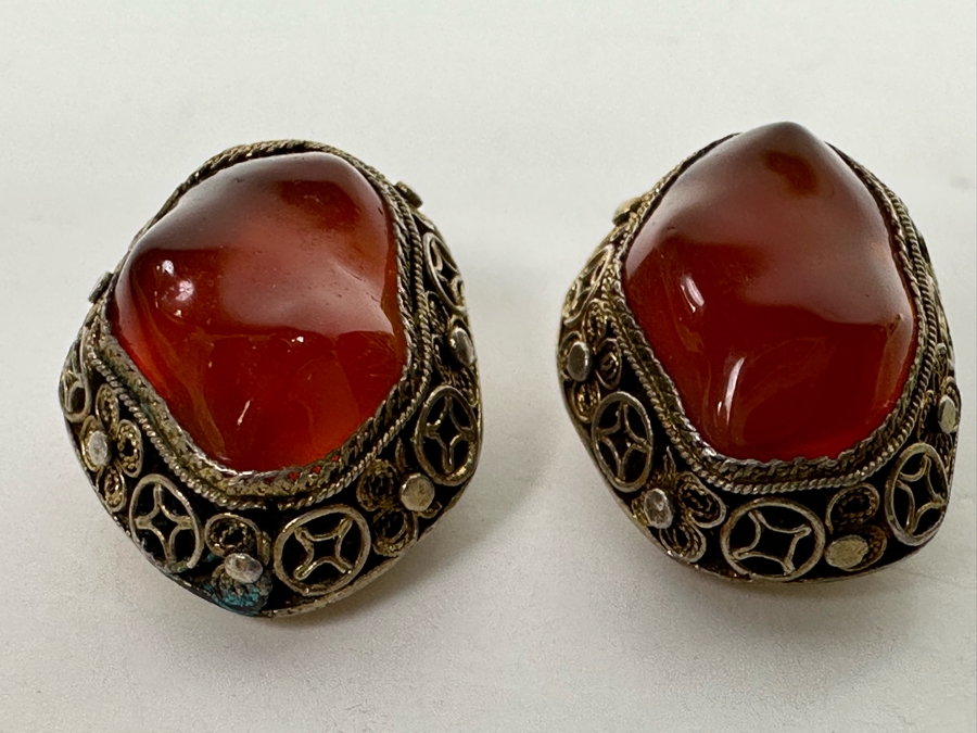 Vintage Chinese Silver Filigree Carnelian Clip-On Earrings 7.7g [Photo 6]