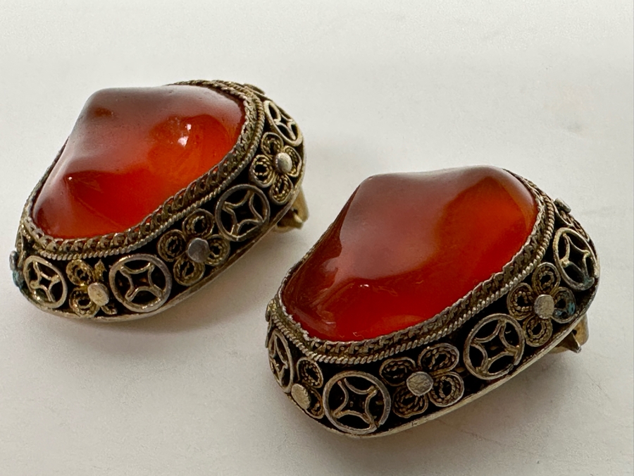 Vintage Chinese Silver Filigree Carnelian Clip-On Earrings 7.7g [Photo 4]