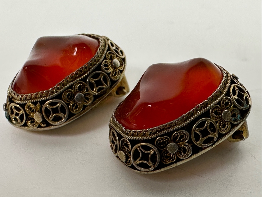 Vintage Chinese Silver Filigree Carnelian Clip-On Earrings 7.7g [Photo 2]