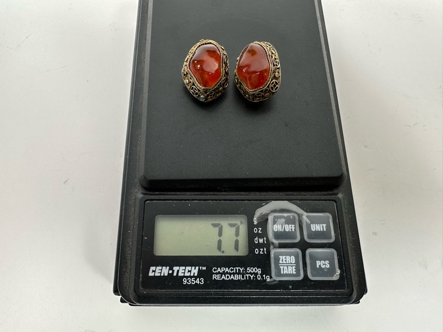 Vintage Chinese Silver Filigree Carnelian Clip-On Earrings 7.7g [Photo 9]