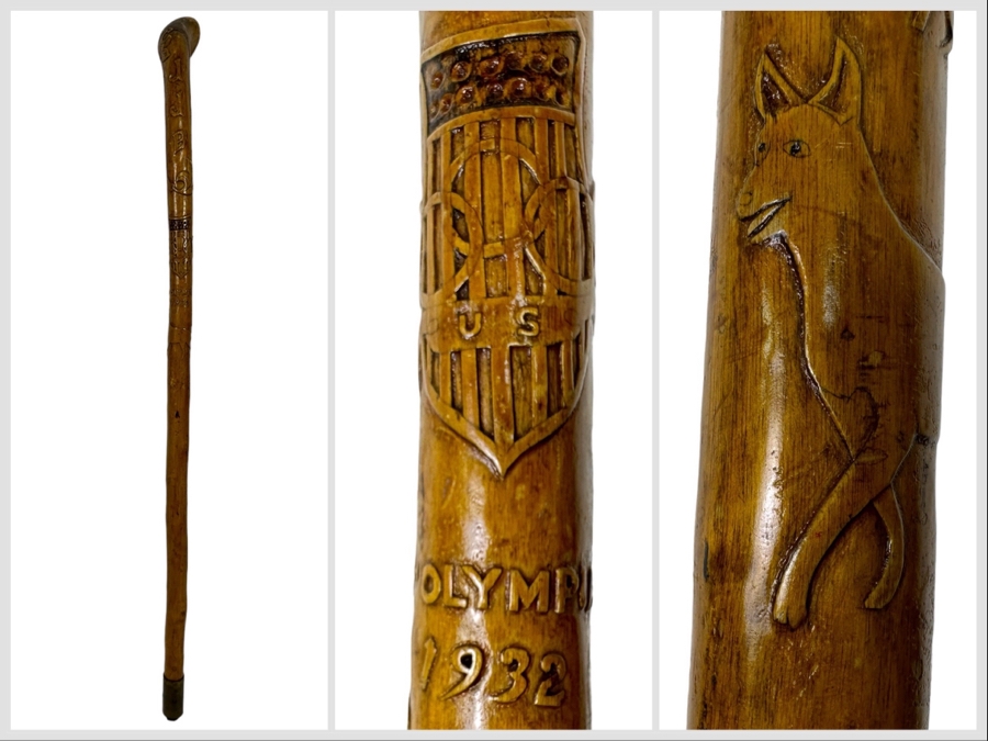 Antique Hand Carved Folk Art Wooden Cane From 1932 Olympic Games 33L [Photo 1]
