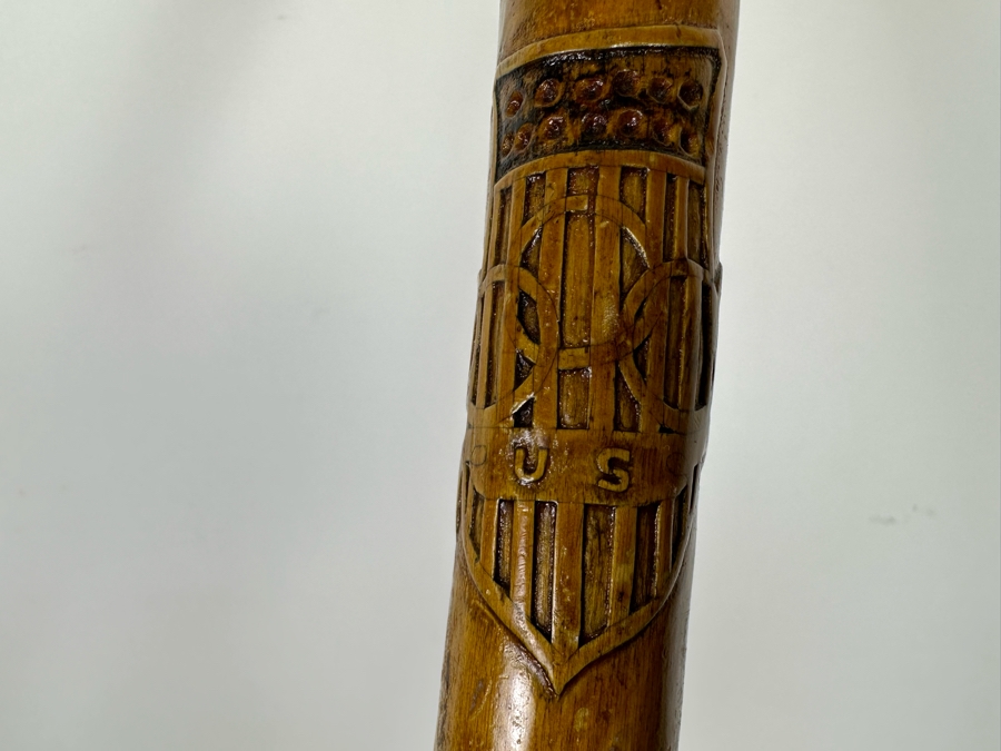 Antique Hand Carved Folk Art Wooden Cane From 1932 Olympic Games 33L   50713 K8c1 