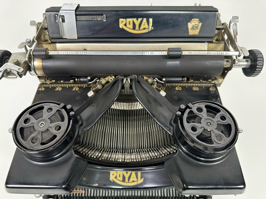 Antique Metal ROYAL Typewriter In Excellent Condition With Side Glass Panels And Original Cover 15W X 16D X 9.5H [Photo 6]