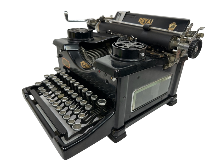 Antique Metal ROYAL Typewriter In Excellent Condition With Side Glass Panels And Original Cover 15W X 16D X 9.5H