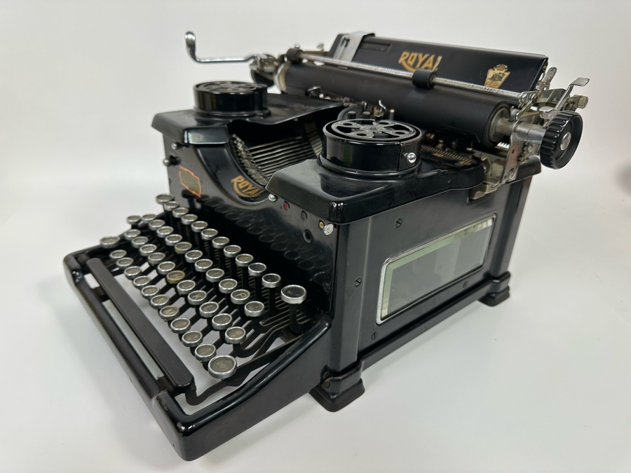 Antique Metal ROYAL Typewriter In Excellent Condition With Side Glass Panels And Original Cover 15W X 16D X 9.5H [Photo 8]