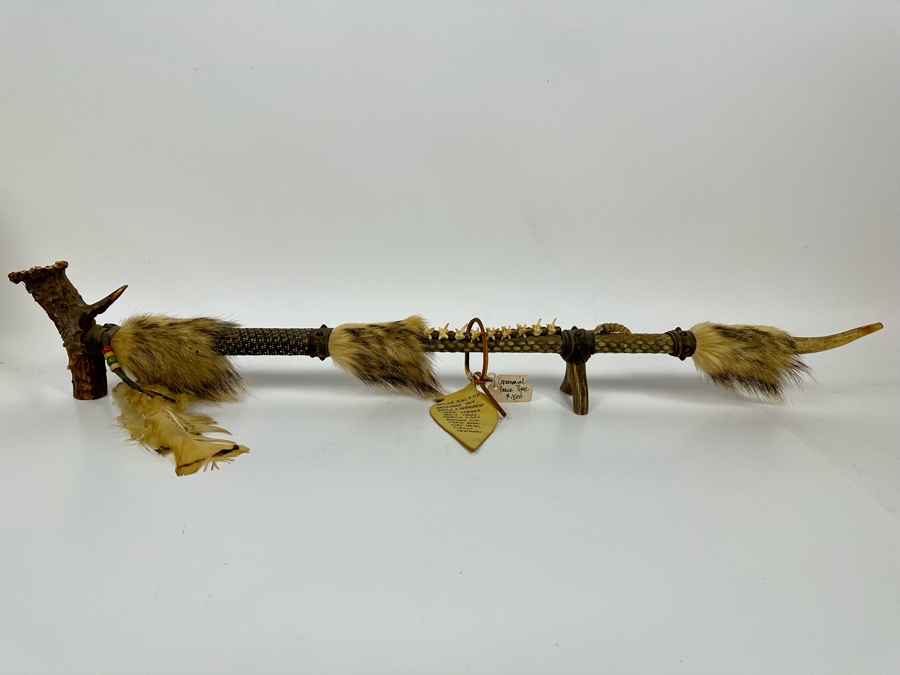 Native American Ceremonial Peace Pipe Of Antler Bowl & Tip, Rattlesnake Skin, Rattle & Vertebrae, Deer Leather, Beads, Badger Fur, Trade Beads, Seed Beads, Turkey Feathers 32L Retails $1,500 [Photo 17]