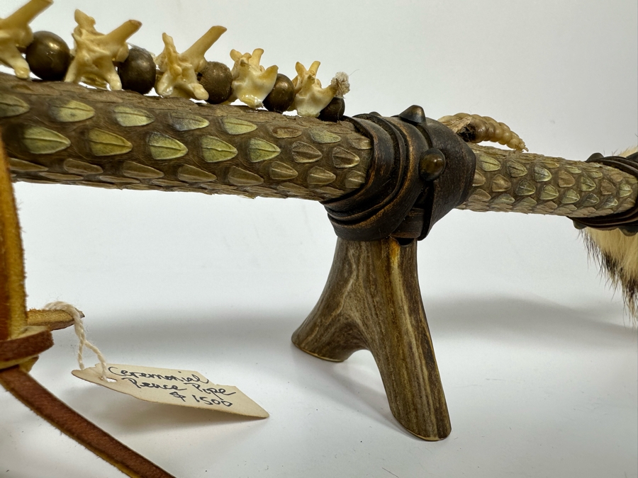 Native American Ceremonial Peace Pipe Of Antler Bowl & Tip, Rattlesnake Skin, Rattle & Vertebrae, Deer Leather, Beads, Badger Fur, Trade Beads, Seed Beads, Turkey Feathers 32L Retails $1,500 [Photo 23]