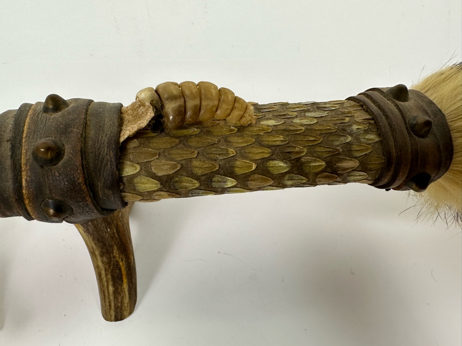 Native American Ceremonial Peace Pipe Of Antler Bowl & Tip, Rattlesnake Skin, Rattle & Vertebrae, Deer Leather, Beads, Badger Fur, Trade Beads, Seed Beads, Turkey Feathers 32L Retails $1,500 [Photo 13]