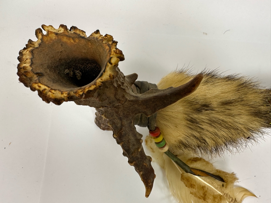 Native American Ceremonial Peace Pipe Of Antler Bowl & Tip, Rattlesnake Skin, Rattle & Vertebrae, Deer Leather, Beads, Badger Fur, Trade Beads, Seed Beads, Turkey Feathers 32L Retails $1,500 [Photo 8]