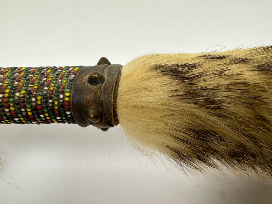 Native American Ceremonial Peace Pipe Of Antler Bowl & Tip, Rattlesnake Skin, Rattle & Vertebrae, Deer Leather, Beads, Badger Fur, Trade Beads, Seed Beads, Turkey Feathers 32L Retails $1,500 [Photo 11]