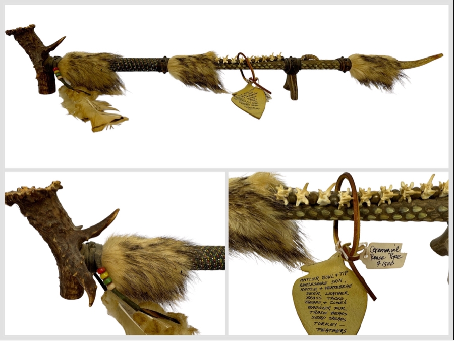 Native American Ceremonial Peace Pipe Of Antler Bowl & Tip, Rattlesnake Skin, Rattle & Vertebrae, Deer Leather, Beads, Badger Fur, Trade Beads, Seed Beads, Turkey Feathers 32L Retails $1,500