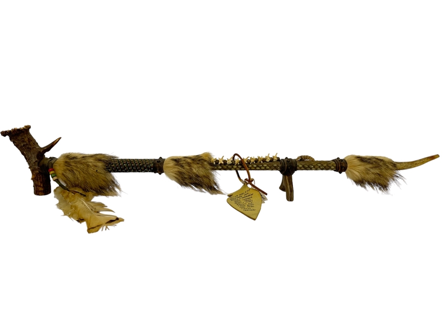 Native American Ceremonial Peace Pipe Of Antler Bowl & Tip, Rattlesnake Skin, Rattle & Vertebrae, Deer Leather, Beads, Badger Fur, Trade Beads, Seed Beads, Turkey Feathers 32L Retails $1,500 [Photo 2]