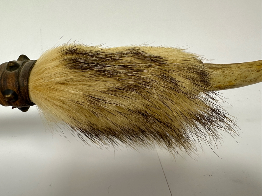 Native American Ceremonial Peace Pipe Of Antler Bowl & Tip, Rattlesnake Skin, Rattle & Vertebrae, Deer Leather, Beads, Badger Fur, Trade Beads, Seed Beads, Turkey Feathers 32L Retails $1,500 [Photo 14]